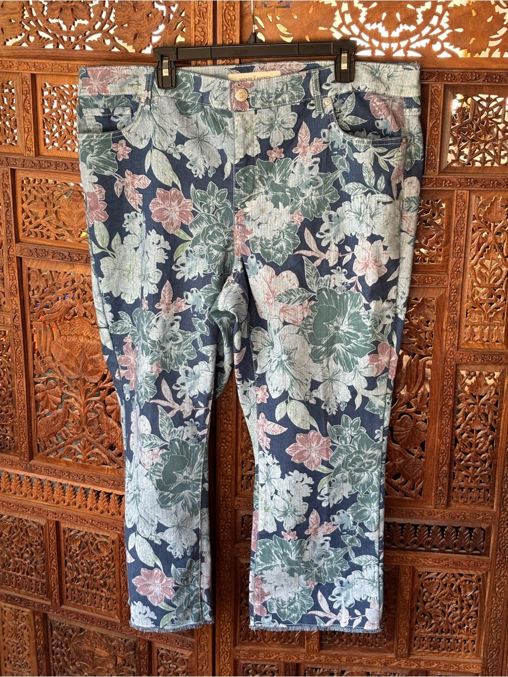 Vintage America Floral Cropped Jeans - Navy with Green & Pink